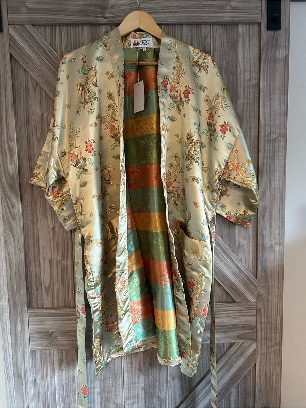 Vtg Double Peach Brocade Robe Gown OSFM NWT Peacock Gold